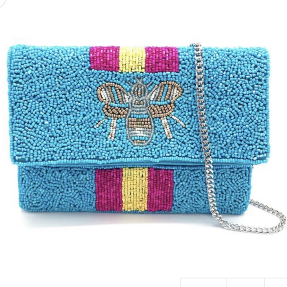 Striped Blue Beaded Bee Handmade Bag NEW